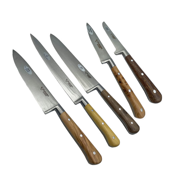 Handcrafted 6-Piece Kitchen Knife Set with Mixed Wood Handles, Magnetic Oak Block