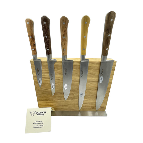 Handcrafted 6-Piece Kitchen Knife Set with Mixed Wood Handles, Magnetic Oak Block