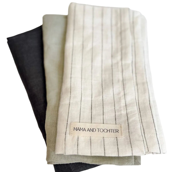 Pure French Linen Tea Towel - Olive Stripe