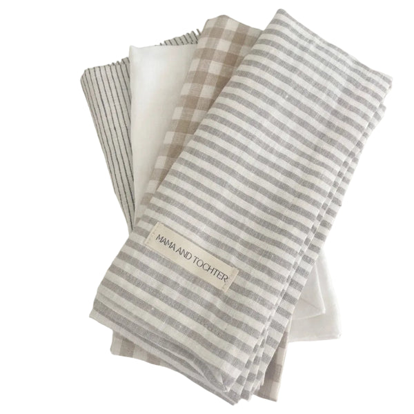 Pure French Linen Tea Towel - Grey Stripe