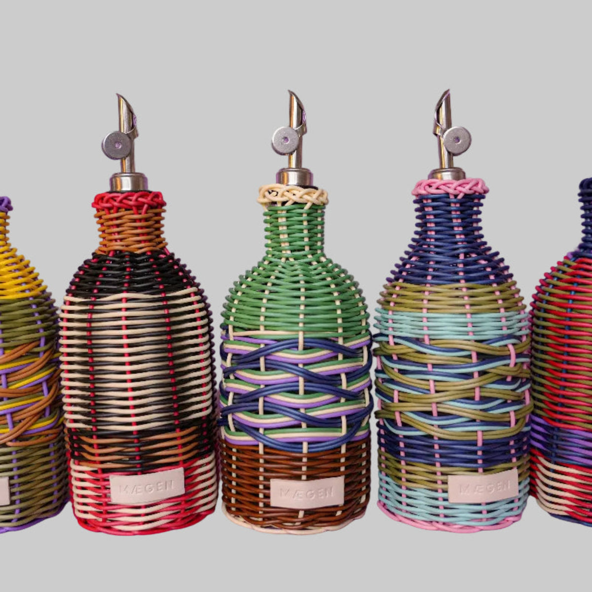 colorful woven oil bottle dispensers 