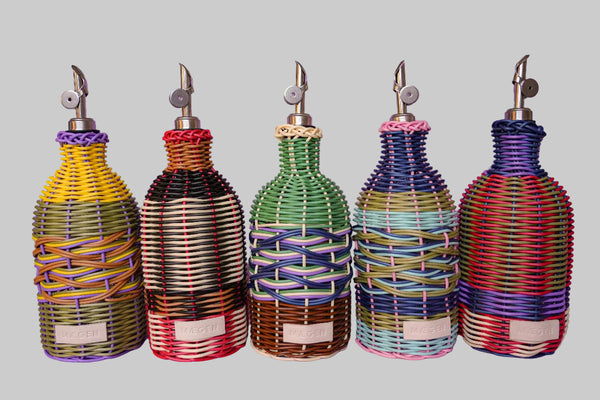 colorful woven oil bottle dispensers 